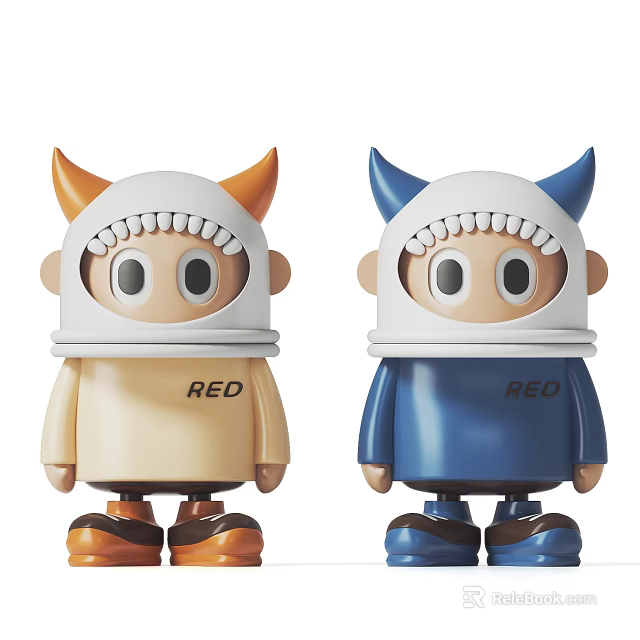 Two Cute Dolls In Beige Blue Outfits With Orange Blue Horns And RED Text 3d model