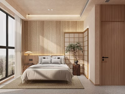 Serene Modern Bedroom With Wooden Accents And Large Windows For Natural Light 3d model