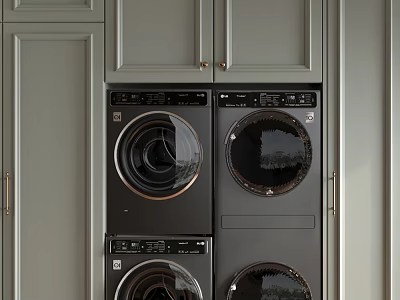Laundry Room Interior With Gray Cabinets And Stacked Washing Machines 3d model
