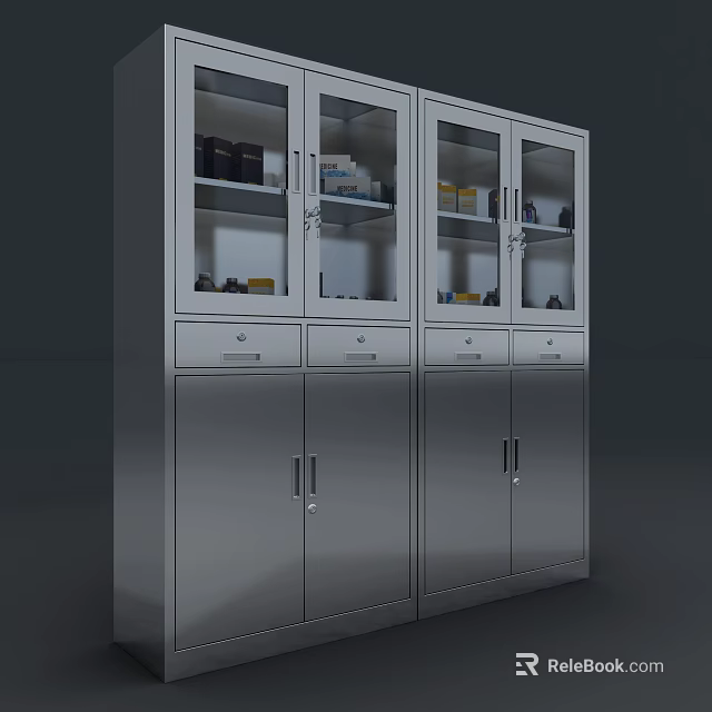Stainless Steel Storage Cabinet With Glass Doors Drawers And Modern Design For Office Home 3d model 