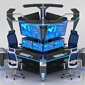 Modern Futuristic Desk With Black Silver Geometric Structure And Blue LED Lights
