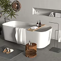 White Freestanding Bathtub with Hanging Lamp Plant Shelf with Towels Tray with Bottles and Slippers