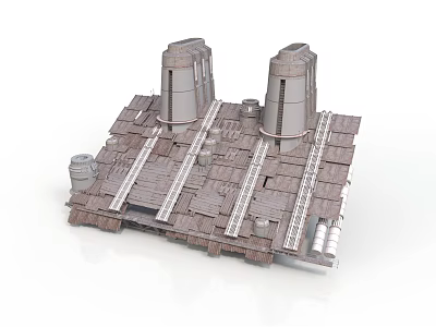 Industrial Architecture Design Featuring Two Cylindrical Towers And Wooden Roof With Pipes And Equipment 3d model