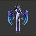 Anime Female Character With Blue And Purple Wings White Dark Outfit Long Hair High Heels