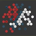 Colorful Hexagons in Red Blue White Scattered on Black Background Surface