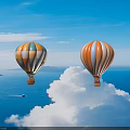 Two Colorful Hot Air Balloons Flying Over Blue Sea With White Clouds Islands And Boat Below