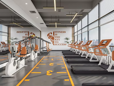 Modern Fitness Gym With Treadmills Exercise Bikes And Motivational Decor 3d model
