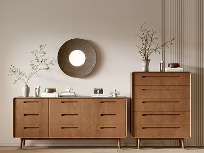 Minimalist Wooden Entryway Console Table And Side Cabinet With Round Mirror And Decorative Plants 3d model