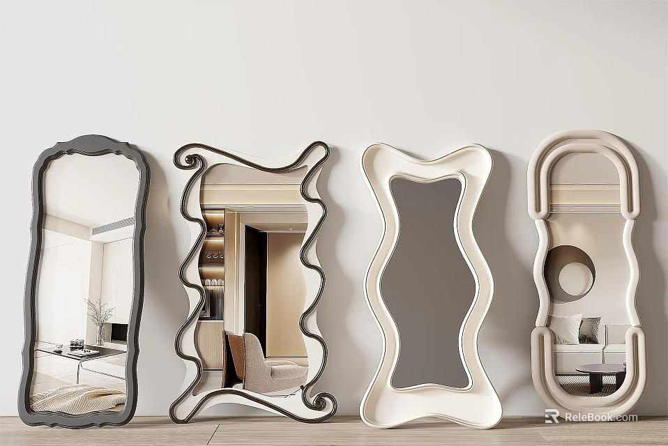 Various Modern Decorative Mirrors With Unique Frame Shapes Arranged In A Row 3d model