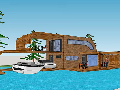 Wooden Exterior Detached Villa With Waterfront Terrace Boat Car And Green Plants 3d model