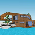 Wooden Exterior Detached Villa With Waterfront Terrace Boat Car And Green Plants