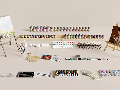 Assorted Art Painting Supplies With Easels Colorful Paint Cans Palettes Brushes And Sketchbooks 3d model
