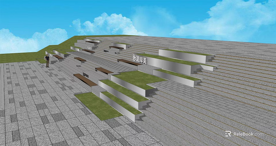 Outdoor Seaview Stairs With Stone Slabs Grass And Open Blue Sky Landscape 3d model 