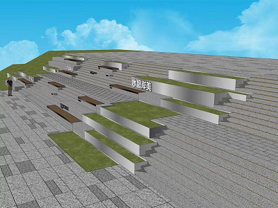 Outdoor Seaview Stairs With Stone Slabs Grass And Open Blue Sky Landscape 3d model