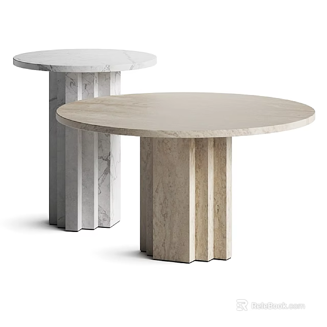 Modern Sofa Coffee Table Set Featuring Round Marble Tops And Column Bases In White Beige 3d model 