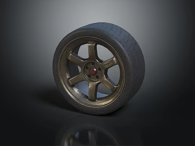 Stylish Tire with Golden Five Spoke Rim Red Center and Tread Pattern on Dark Background 3d model