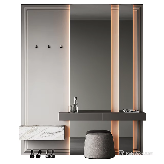 Elegant Modern Vanity Table With Marble Countertop Dark Gray Cabinet And Stool 3d model 