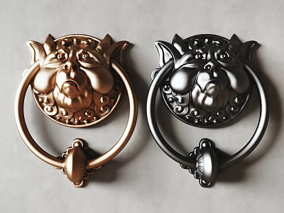 Ornate Animal Head Design Door Handles With Decorative Details In Brass And Black 3d model