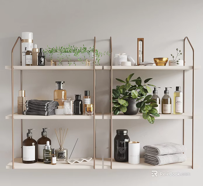 Stylish Bathroom Accessories on Storage Shelves With Towels Green Plants and Skincare Bottles 3d model 
