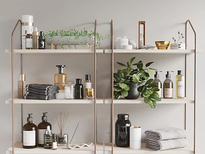 Stylish Bathroom Accessories on Storage Shelves With Towels Green Plants and Skincare Bottles 3d model