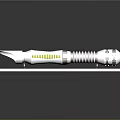 Silver Weapon Knife With Yellow Striped Spiral Handle On Black Display Stand And Dark Reflective Surface