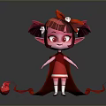 Cartoon Style Young Girl With Red Hair Pigtails Red Dress And Cape Near Red Candy