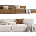 Modern Brown and White Sectional Sofa with Plaid Pillows and Striped Throw Blanket