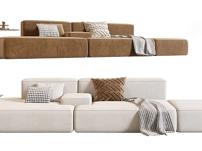 Modern Brown and White Sectional Sofa with Plaid Pillows and Striped Throw Blanket 3d model