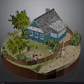 Blue Miniature House Model With White Tile Roof Green Trees And Wooden Fence