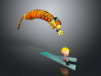 Cartoon Tiger Jumping Above Blond Boy Standing On Green Board With Gray Background 3d model