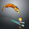Cartoon Tiger Jumping Above Blond Boy Standing On Green Board With Gray Background