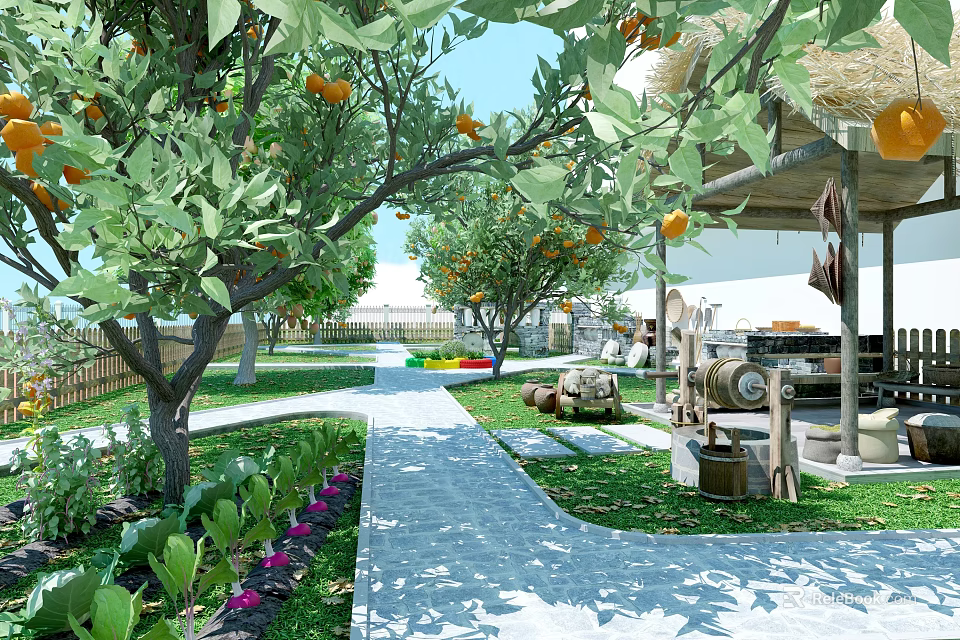 Kindergarten Outdoor Play Area with Orange Trees Green Leaves Sunlight Pathway and Colorful Toys 3d model 