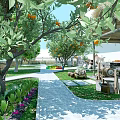Kindergarten Outdoor Play Area with Orange Trees Green Leaves Sunlight Pathway and Colorful Toys