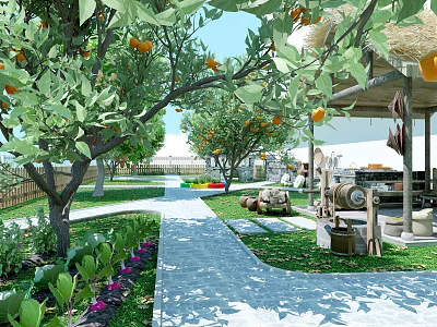 Kindergarten Outdoor Play Area with Orange Trees Green Leaves Sunlight Pathway and Colorful Toys 3d model