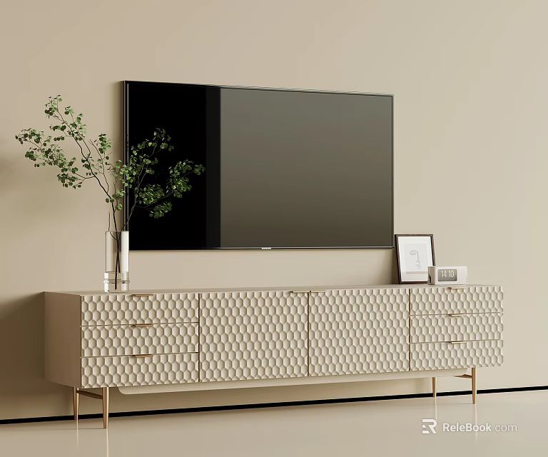 Modern Textured Beige TV Cabinet With Golden Metal Legs For Elegant Minimalist Living Room 3d model 