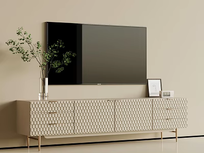Modern Textured Beige TV Cabinet With Golden Metal Legs For Elegant Minimalist Living Room 3d model