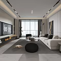 Modern Living and Dining Room Interior Design with Grey Sofa Coffee Table Rug and Artwork