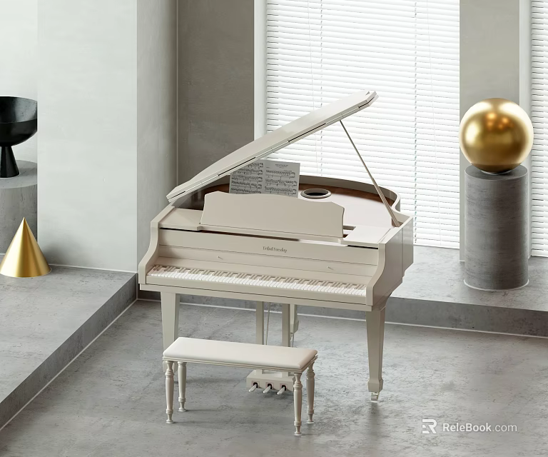 White Grand Piano Musical Instrument With Stool Golden Sphere Decor And Gray Wall Interior 3d model 