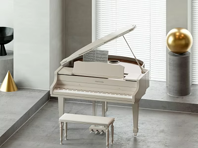 White Grand Piano Musical Instrument With Stool Golden Sphere Decor And Gray Wall Interior 3d model