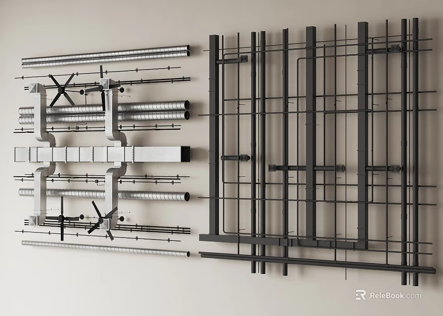 Industrial Metal Pipes with Various Sizes and Structural Arrangements on Wall 3d model 