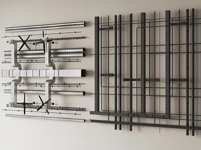 Industrial Metal Pipes with Various Sizes and Structural Arrangements on Wall 3d model