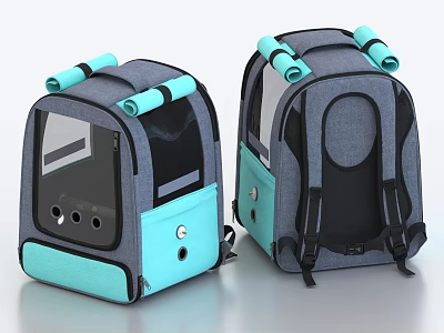Gray And Turquoise Pet Carrier Backpack With Transparent Window And Rolled Accessories 3d model
