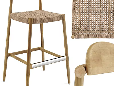 Natural Wooden Frame Bar Stool With Woven Seat And Detailed Craftsmanship 3d model