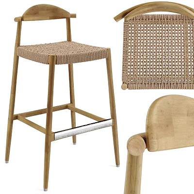 Natural Wooden Frame Bar Stool With Woven Seat And Detailed Craftsmanship 3d model