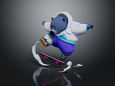 Blue Reptile In White Hoodie Riding Skateboard With Purple Pants Blue Patterns And Snowflake Effects 3d model