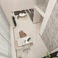 Modern Office Interior With Open Layout Desk Chair Potted Plant And Stone Curtain