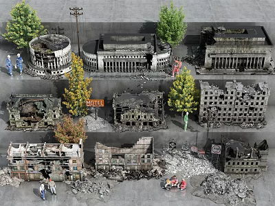 Damaged Industrial Factory Building with Collapsed Structures Surrounding Debris and Scattered Trees 3d model