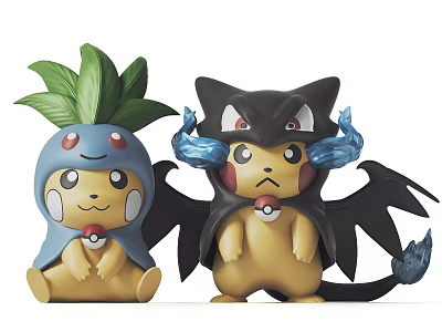 Two Pokemon Plush Dolls Cosplaying As Bulbasaur Mewtwo With Effects 3d model