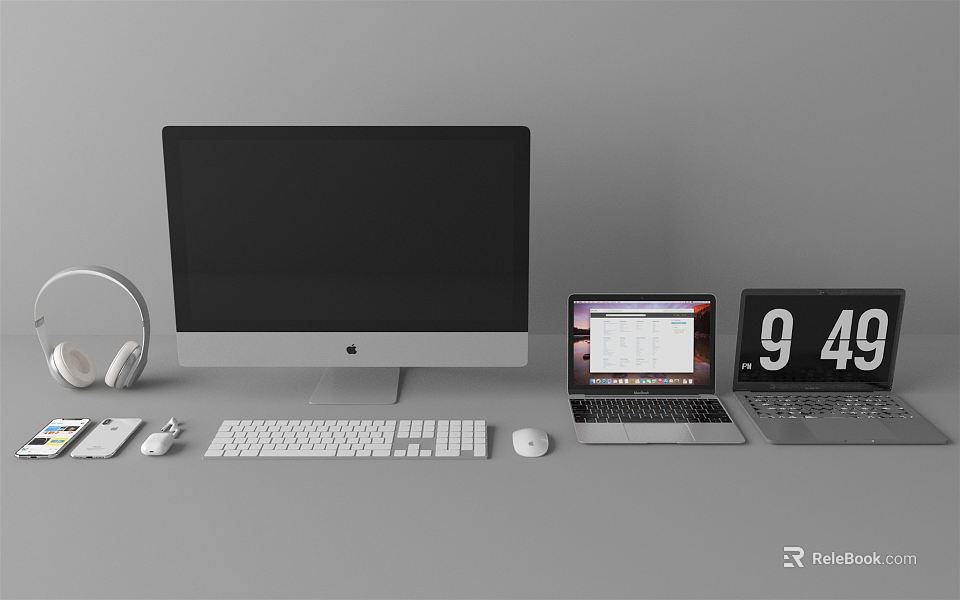 Modern Computer Setup With Desktop Monitor Laptop Keyboard Mouse And Headphones 3d model 