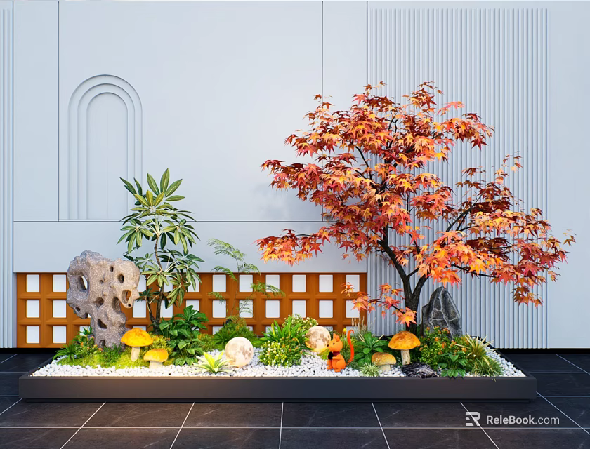 Garden Landscape With Red Maple Tree Stone Mushrooms Green Plants Lattice Fence And White Wall 3d model 